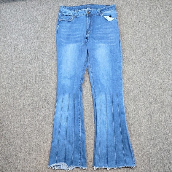 Spoon Jeans Y2K Pintuck Pleated Flare Leg Jeans 18 Blue Denim Raw Hem Boho Retro — photo 2